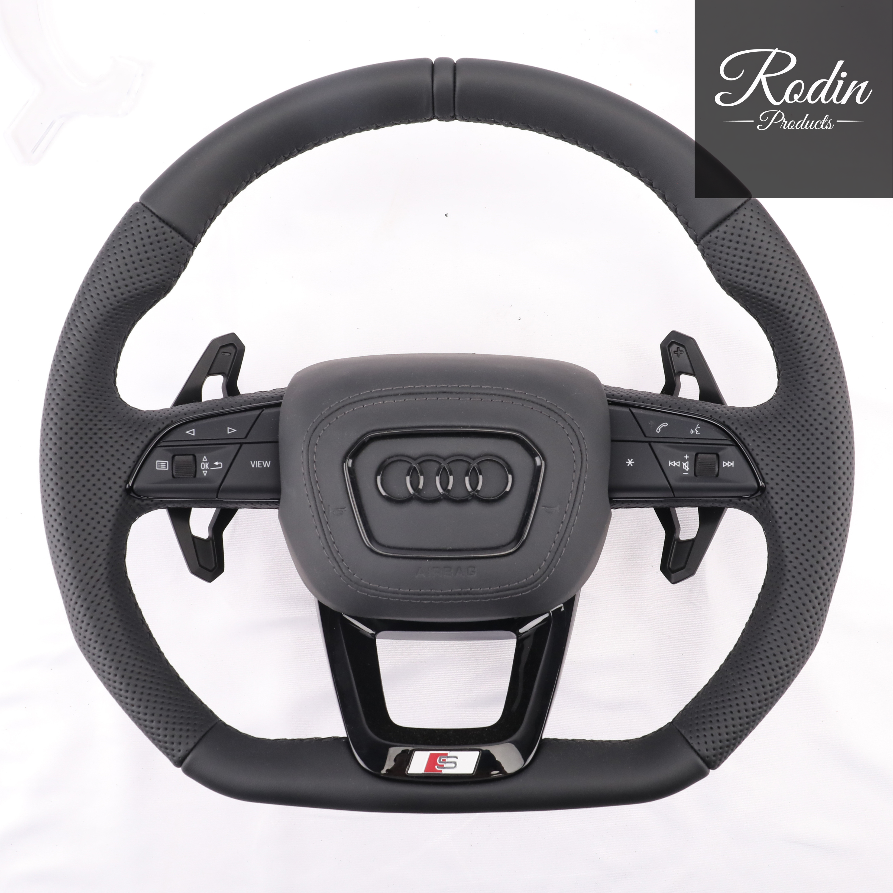 Audi S Line Performance Lenkrad – Leder perforiert – ALL BLACK – B9 Plattform – Frontansicht von Rodin Products