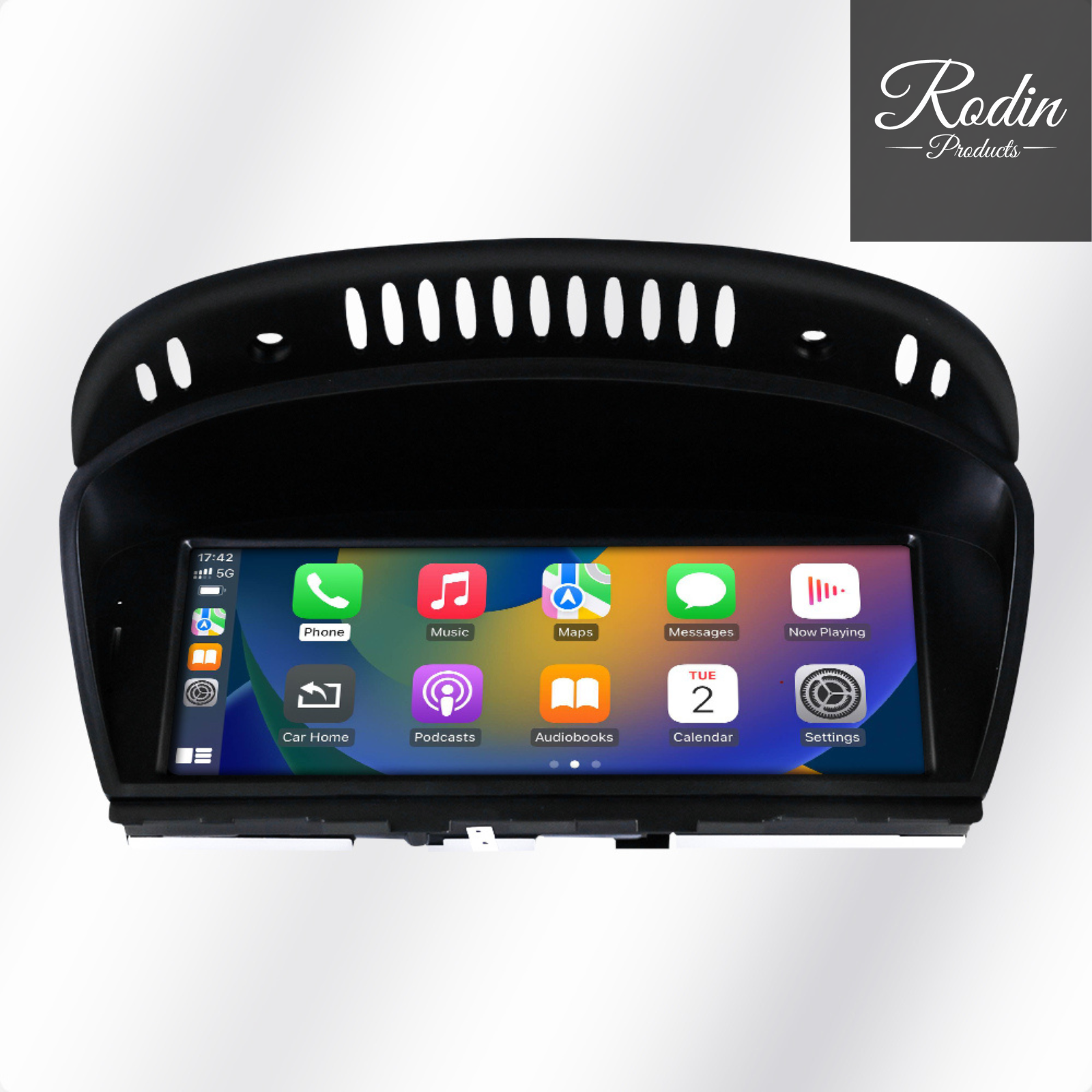 Linux CarPlay Display für BMW E60 & E61 – 10,25″ Wireless Apple CarPlay & Android Auto – Frontansicht von Rodin Products