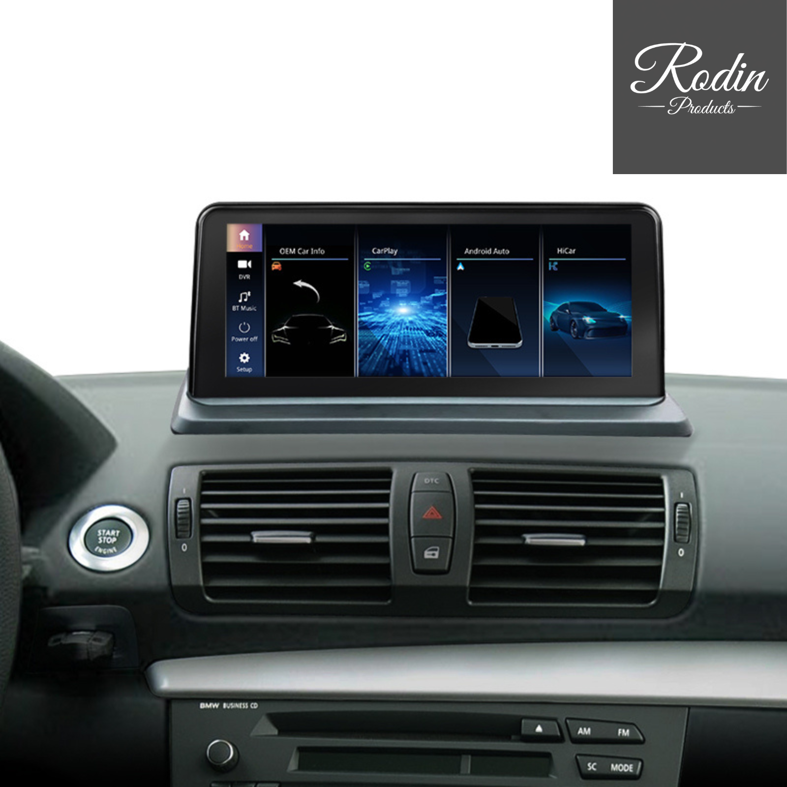 Linux CarPlay Display für BMW E87 & E82 (1er) – 10,25″ Wireless Apple CarPlay & Android Auto – Frontansicht von Rodin Products