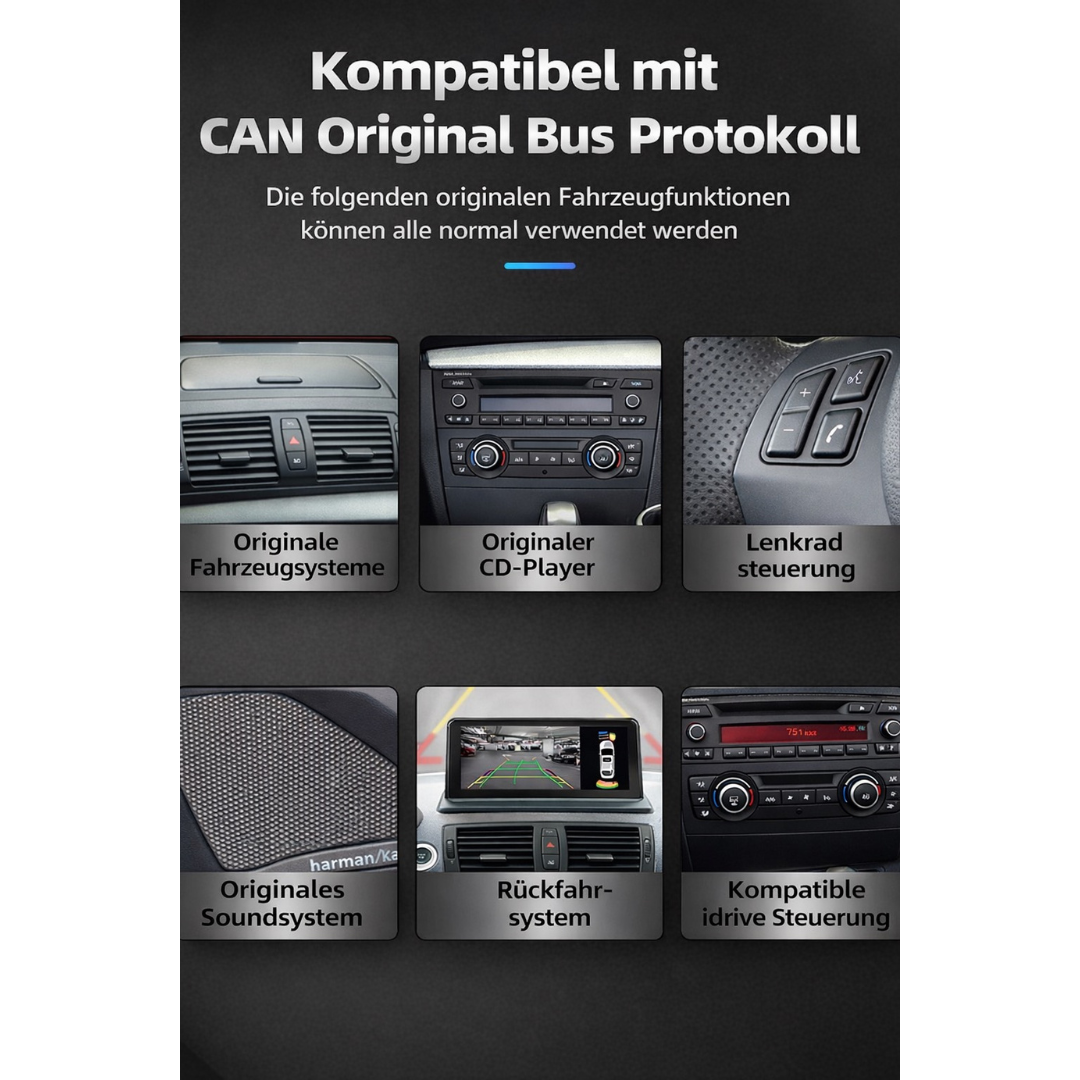 Linux CarPlay Display für BMW E87 & E82 (1er) – 10,25″ Wireless Apple CarPlay & Android Auto – Material-Detail von Rodin Products