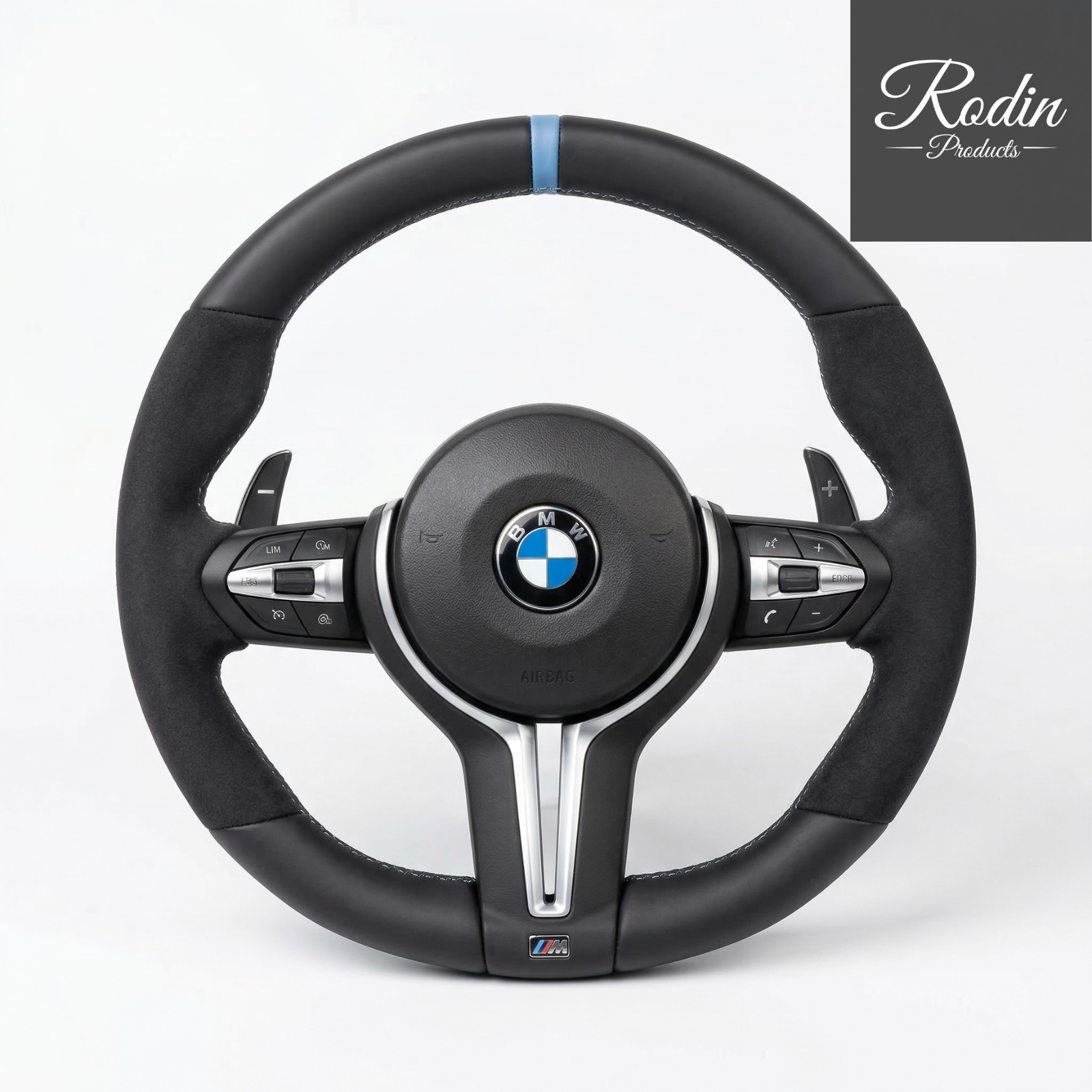BMW M Performance Sportlenkrad Leder / Alcantara | Blaue 12-Uhr-Markierung für E-/F-Serie – Frontansicht von Rodin Products