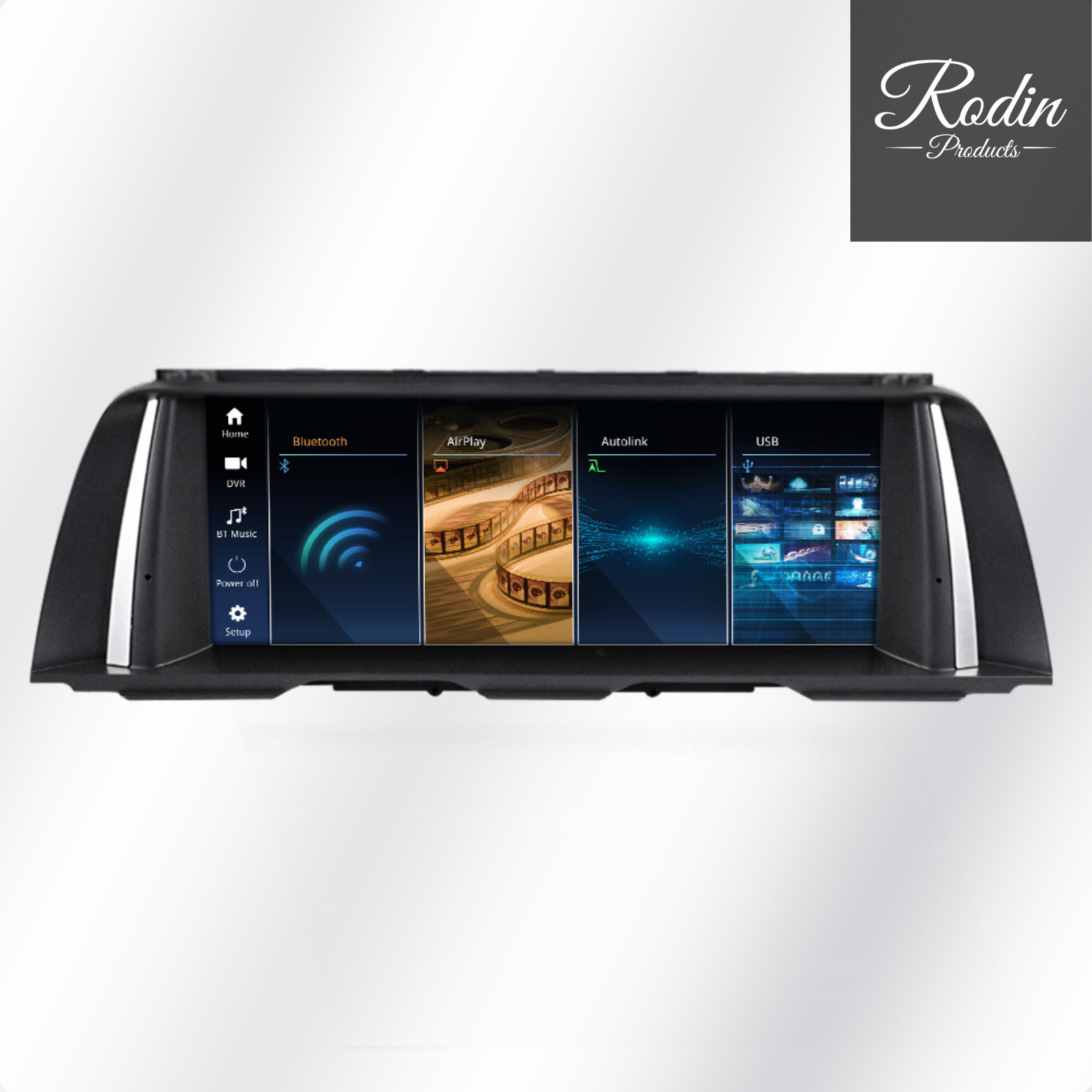 Linux CarPlay Display für BMW F10 & F11 (2011–2016) – Wireless Apple CarPlay & Android Auto – Frontansicht von Rodin Products