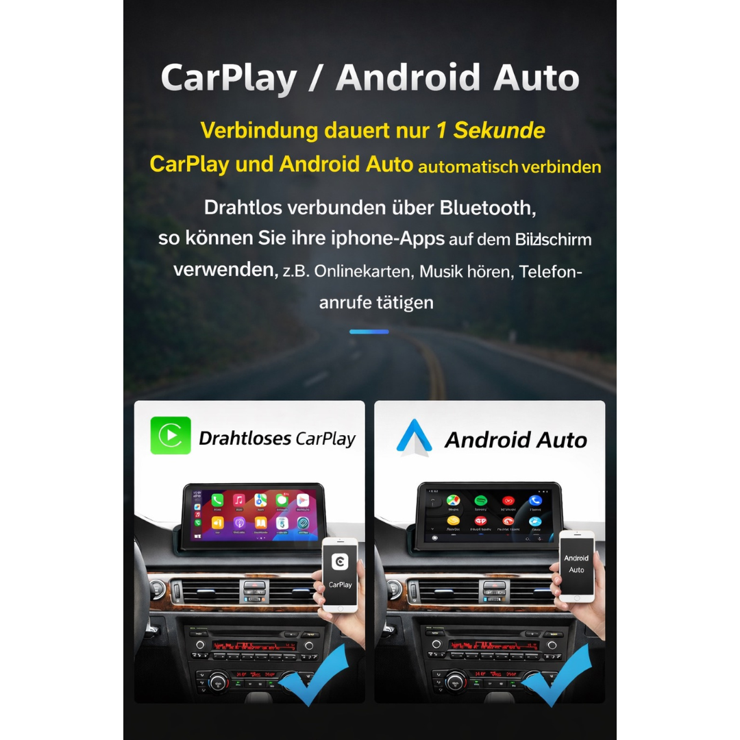 Linux CarPlay Display für BMW F10 & F11 (2011–2016) – Wireless Apple CarPlay & Android Auto – Seitenansicht von Rodin Products