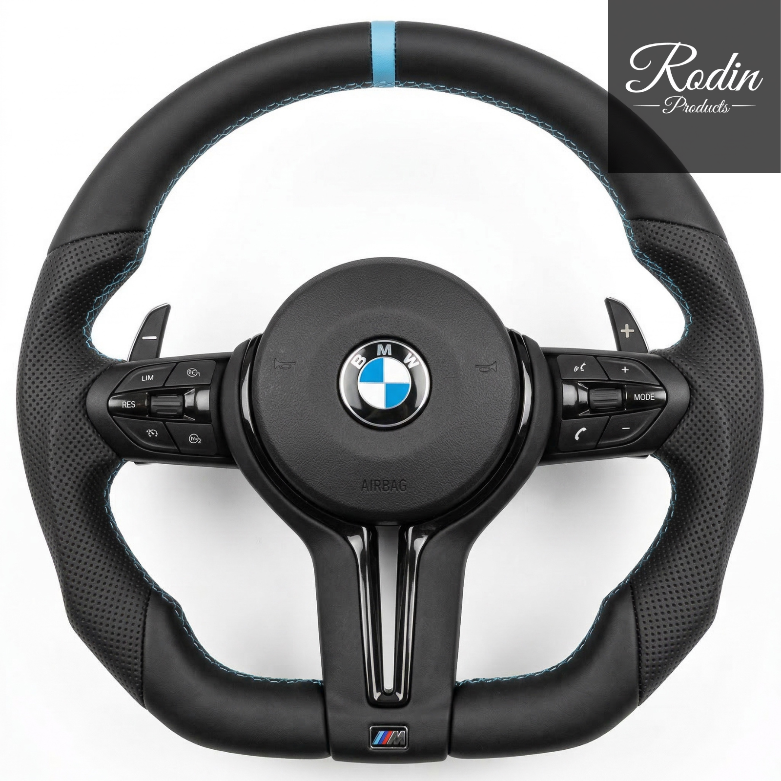 BMW M Sport Lenkrad für E-/F-Serie | Blaue 12 Uhr Markierung | Echtleder Sportlenkrad – Frontansicht von Rodin Products
