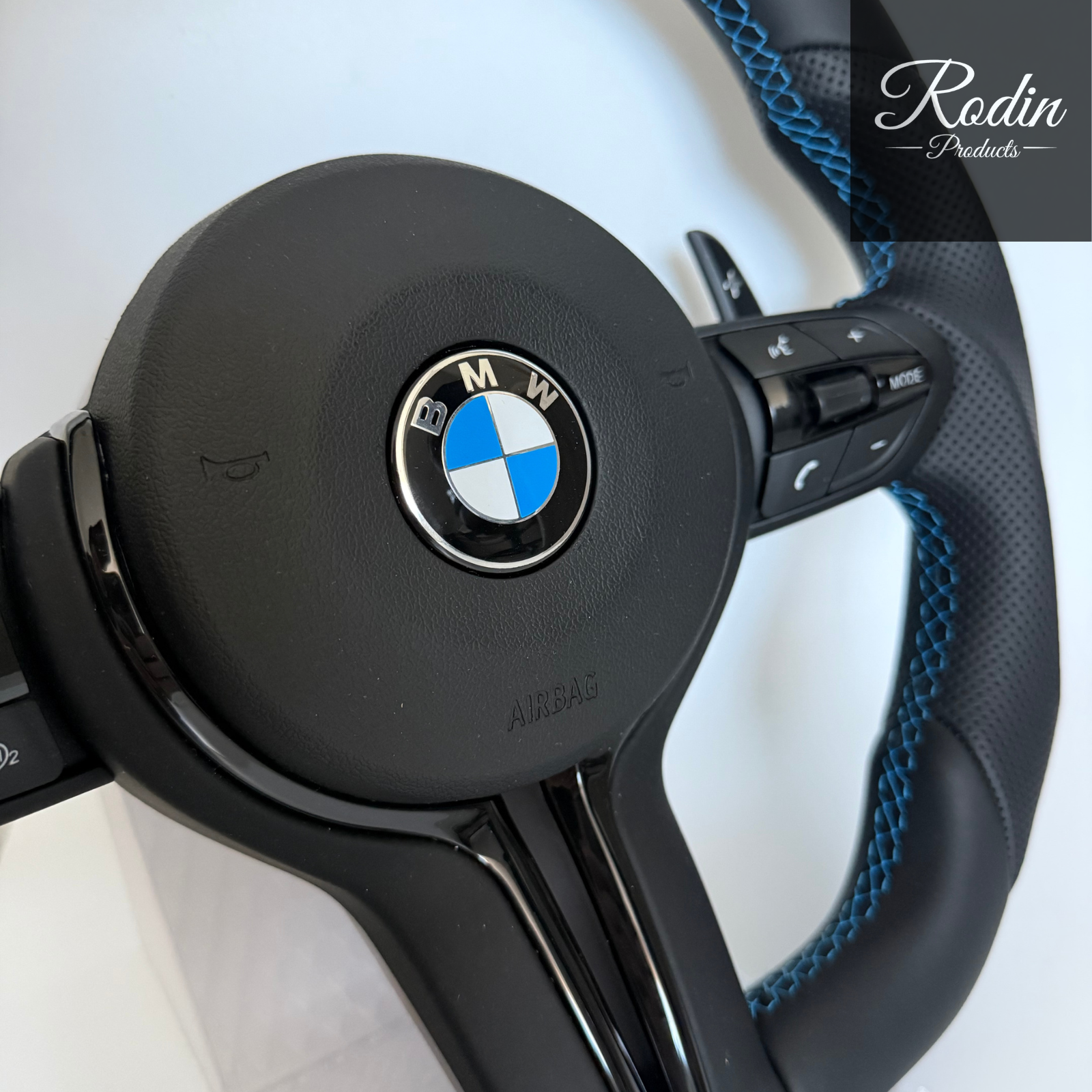 BMW M Sport Lenkrad für E-/F-Serie | Blaue 12 Uhr Markierung | Echtleder Sportlenkrad – Tasten und Bedienelemente von Rodin Products