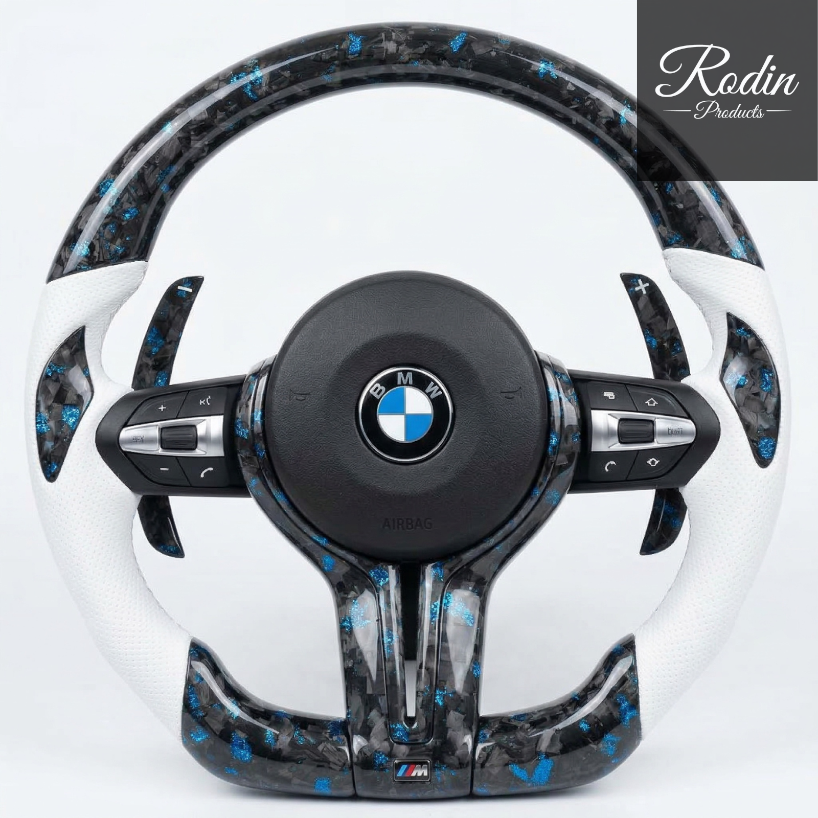 BMW M Performance Lenkrad für E-/F-Serie Forged Carbon Schwarz Blau | Echtleder Sportlenkrad – Frontansicht von Rodin Products