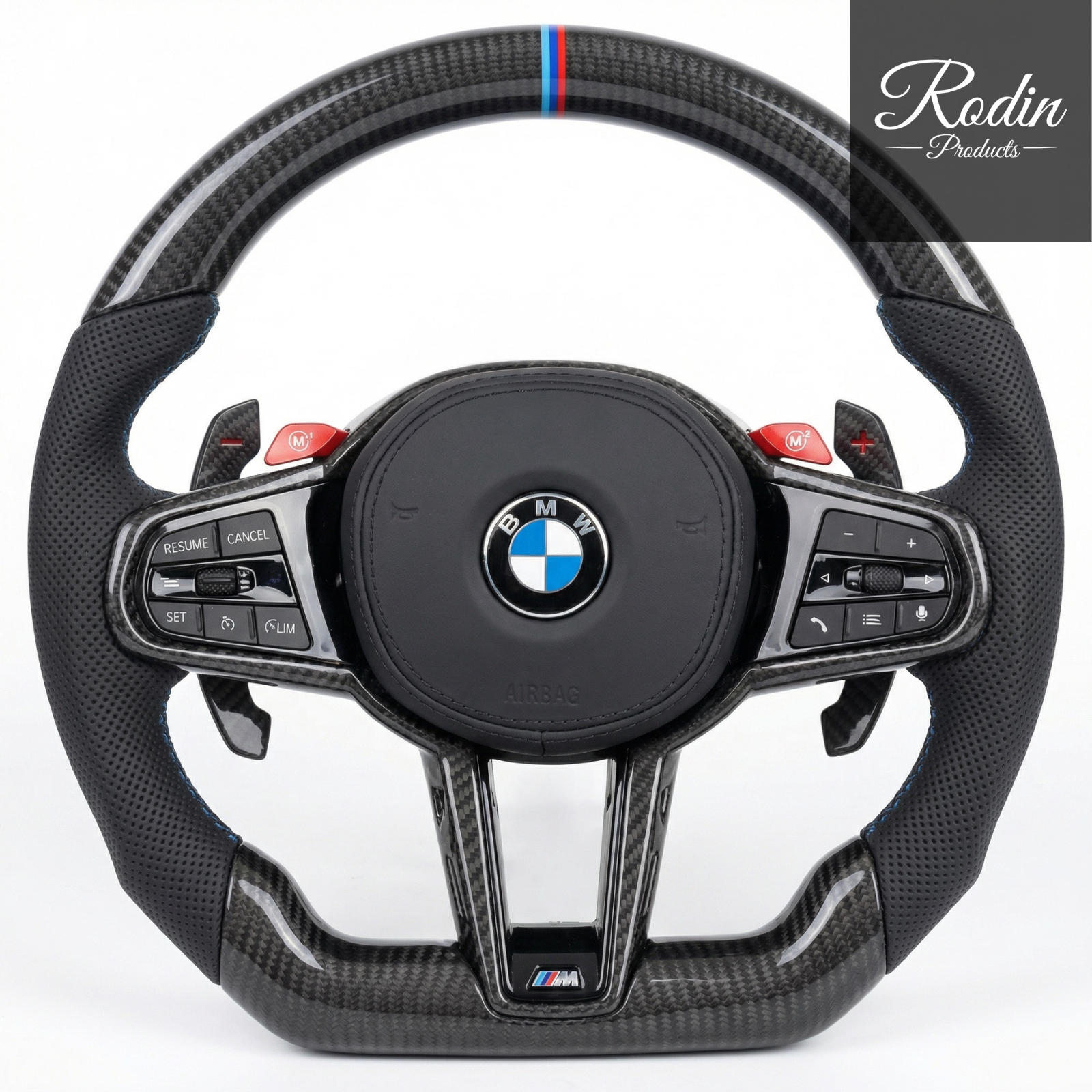 BMW M Performance Sportlenkrad Full Carbon All Black – 12-Uhr-Markierung – G-Serie – Frontansicht von Rodin Products