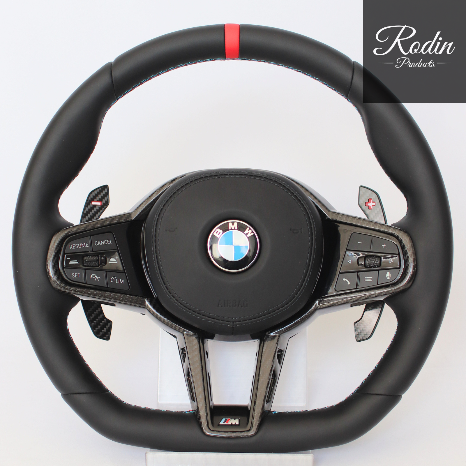 BMW M Performance Sportlenkrad Carbon All Black – G-Modell | 12-Uhr in Rot – Frontansicht von Rodin Products