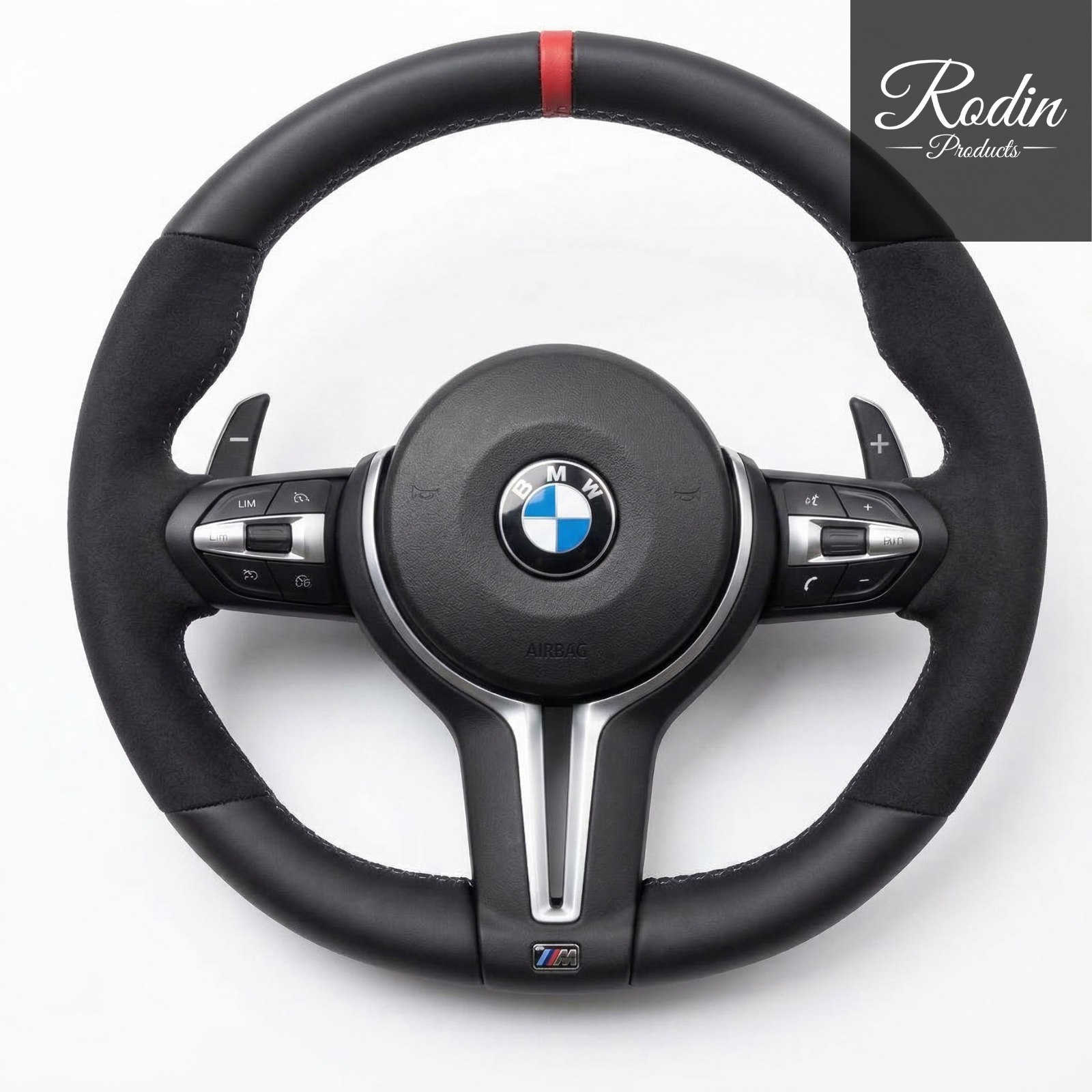 BMW M Performance Sportlenkrad – Alcantara & Leder für E-/F-Modell | 12-Uhr-Markierung Rot – Frontansicht von Rodin Products