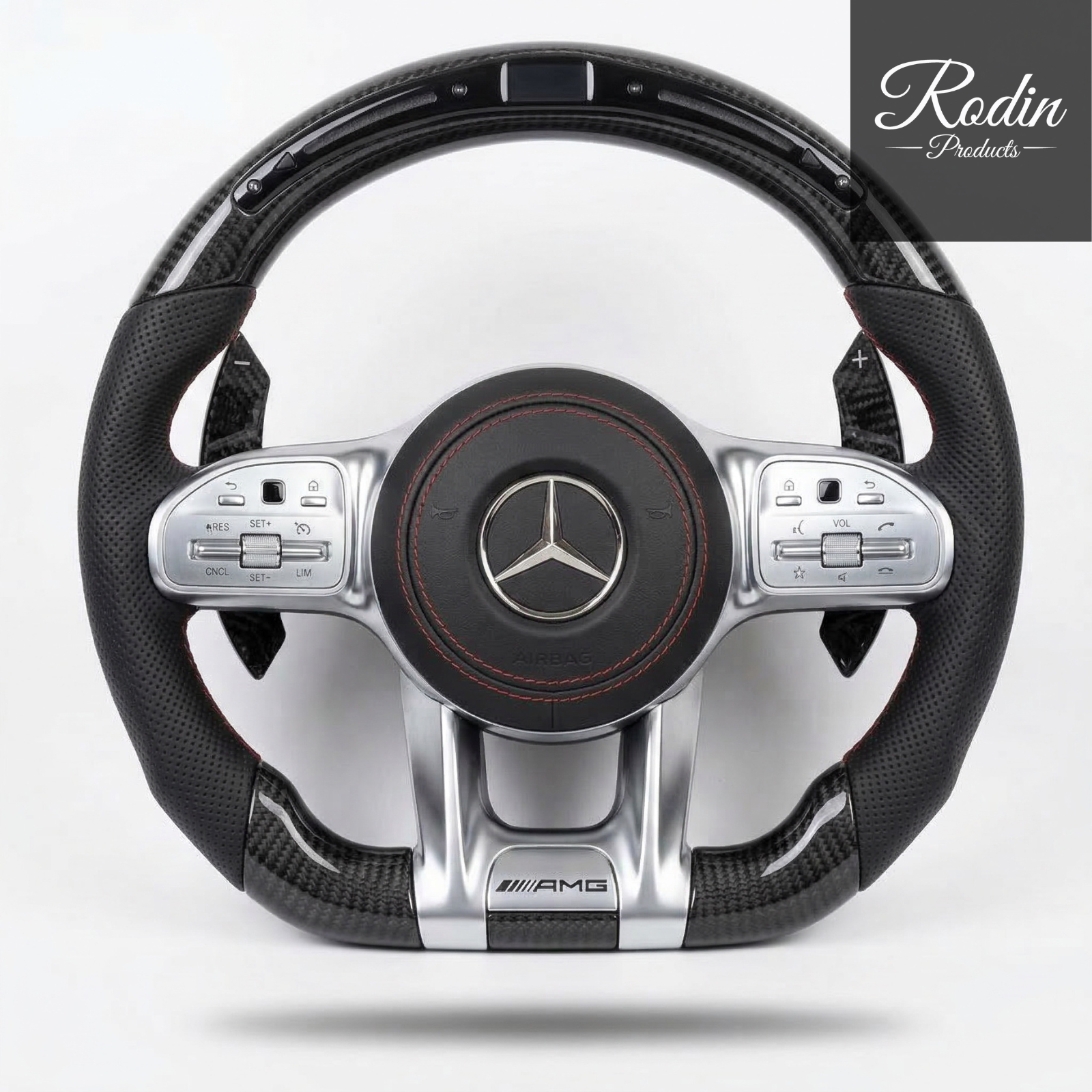 Mercedes-Benz AMG Performance Carbon Lenkrad mit LED – Flat Bottom | Carbon & Leder – Frontansicht von Rodin Products