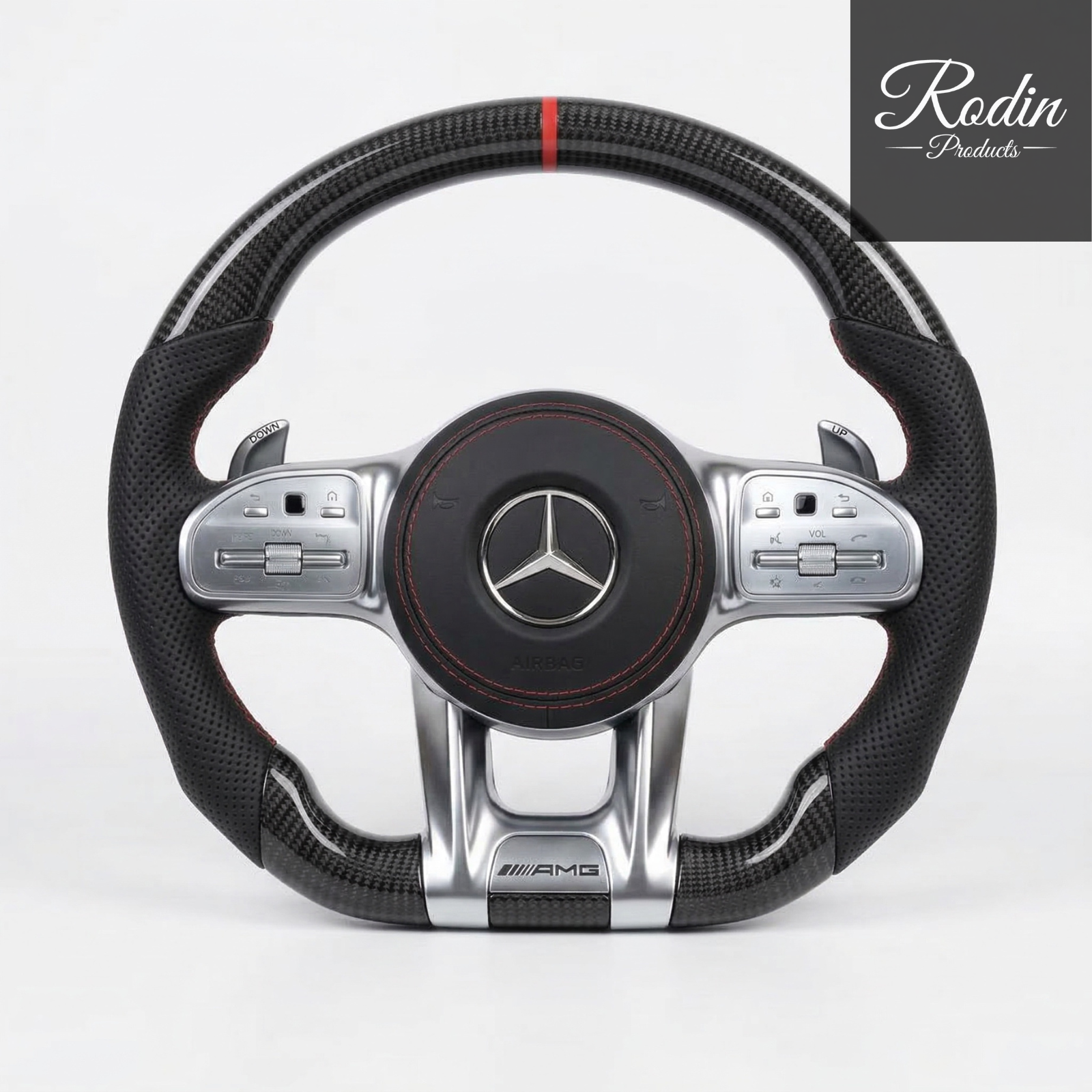 Mercedes AMG Performance Lenkrad Carbon / perforiertes Leder – Sportlenkrad mit roter 12-Uhr Markierung – Frontansicht von Rodin Products