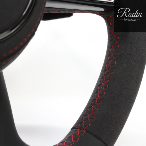 sports steering wheel compatible with selected Audi models Flat-Bottom – Leather/Alcantara – Red 12-o'clock Mark