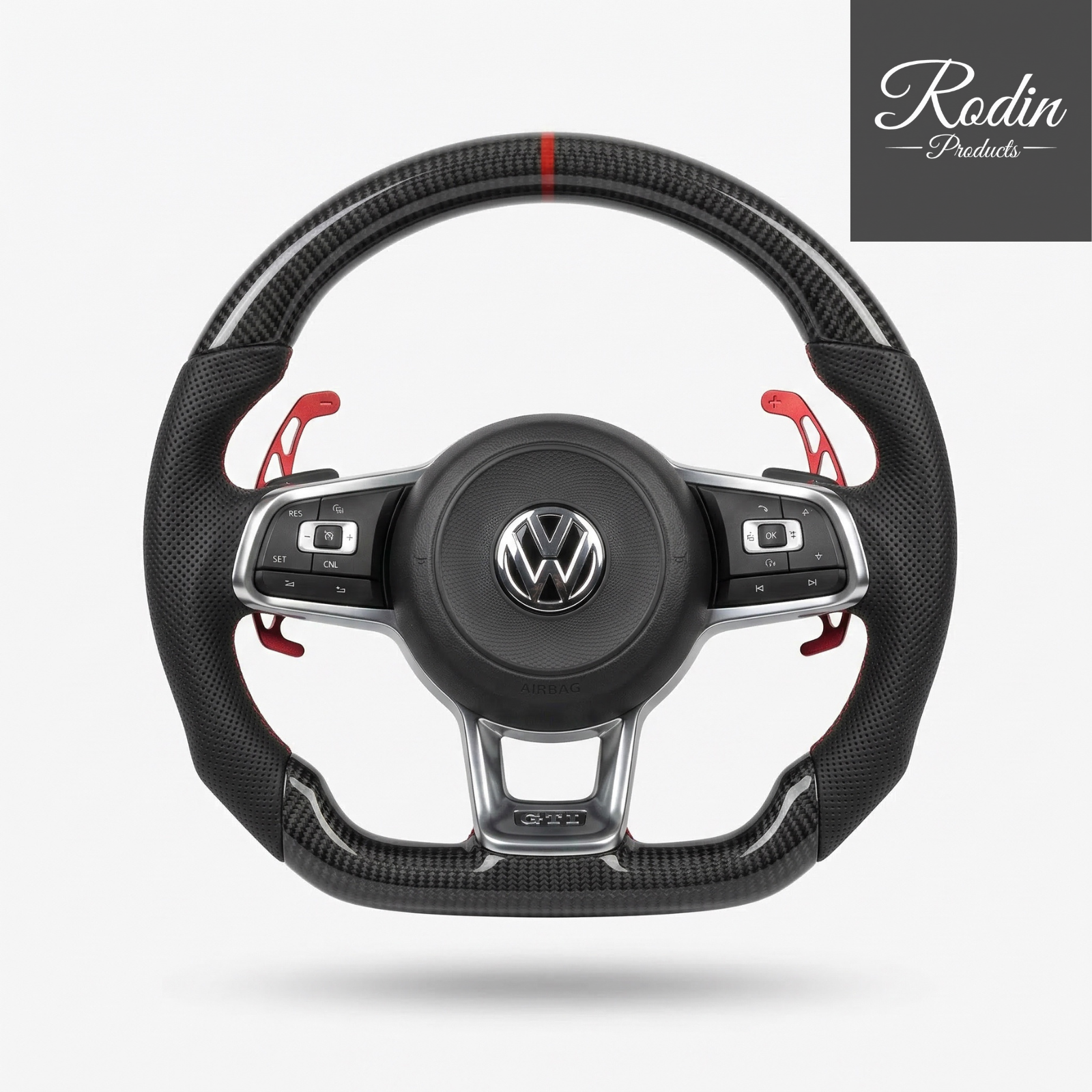 VW GTI Carbon Performance Lenkrad – Echtcarbon | 12-Uhr-Markierung | Flat-Bottom – Frontansicht von Rodin Products