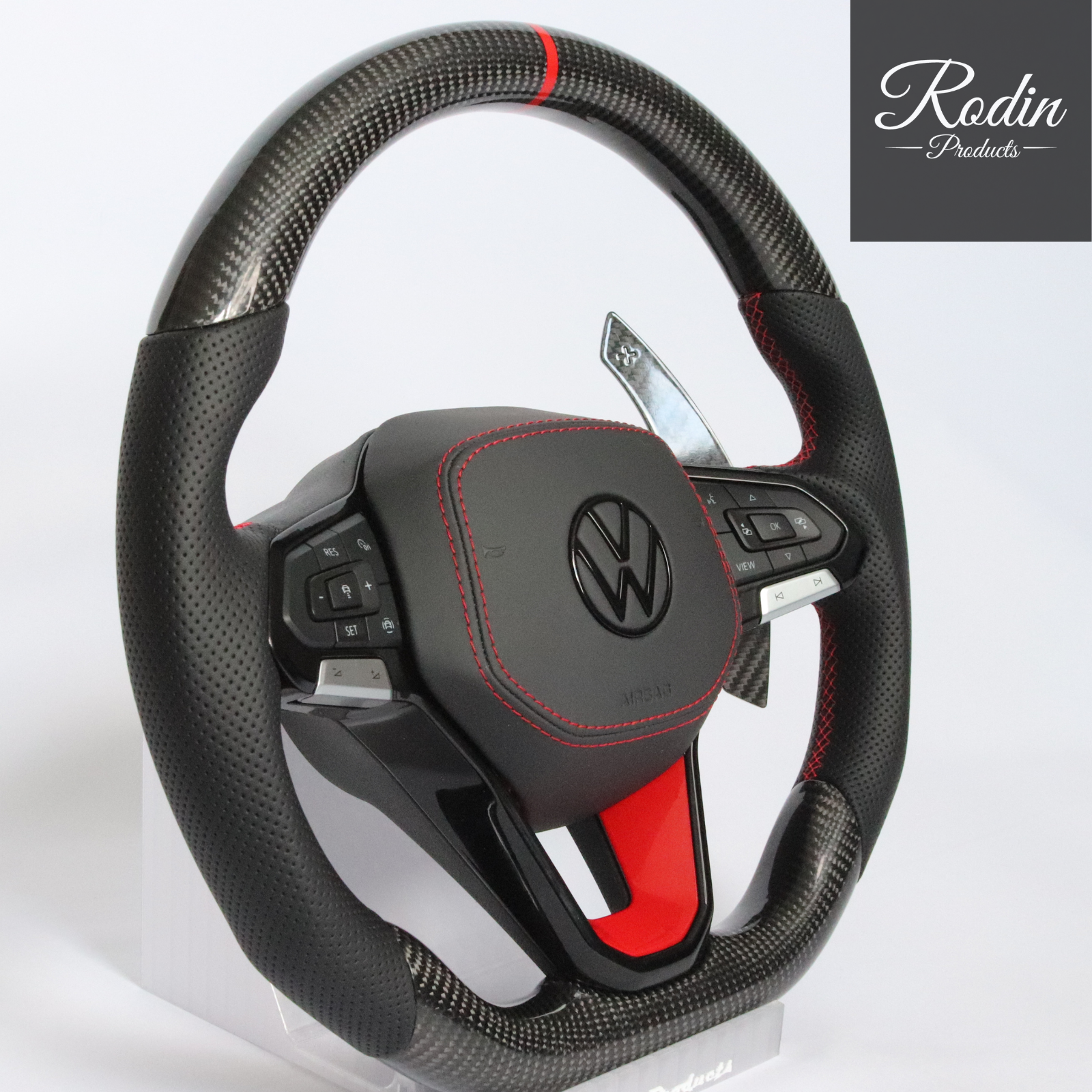 VW GTI Carbon Performance Lenkrad – Echtes Carbon, perforiertes Leder, rote 12-Uhr-Markierung – Detailansicht von Rodin Products