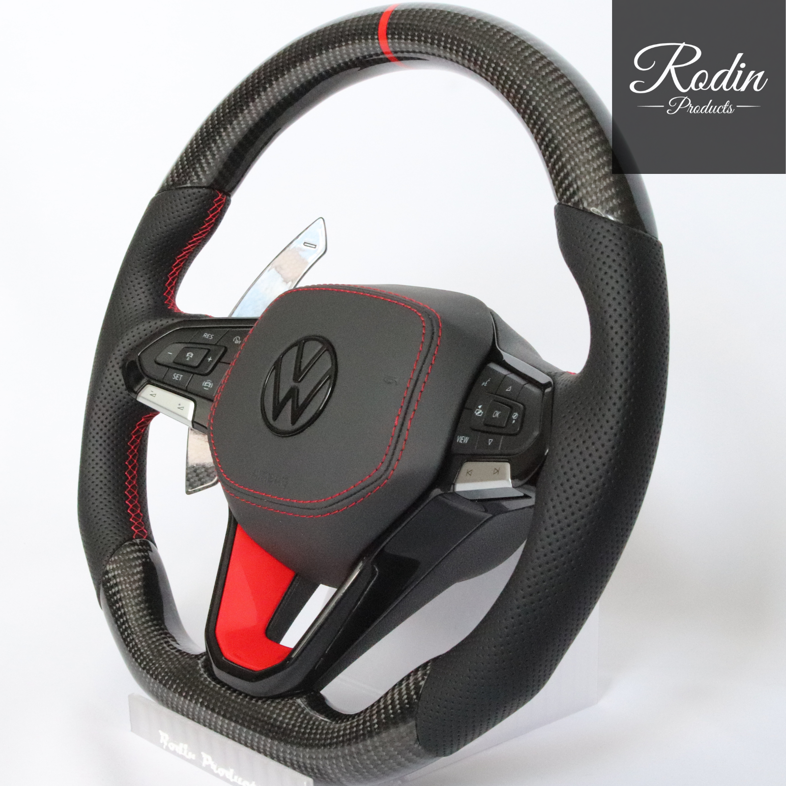 VW GTI Carbon Performance Lenkrad – Echtes Carbon, perforiertes Leder, rote 12-Uhr-Markierung – Tasten und Bedienelemente von Rodin Products