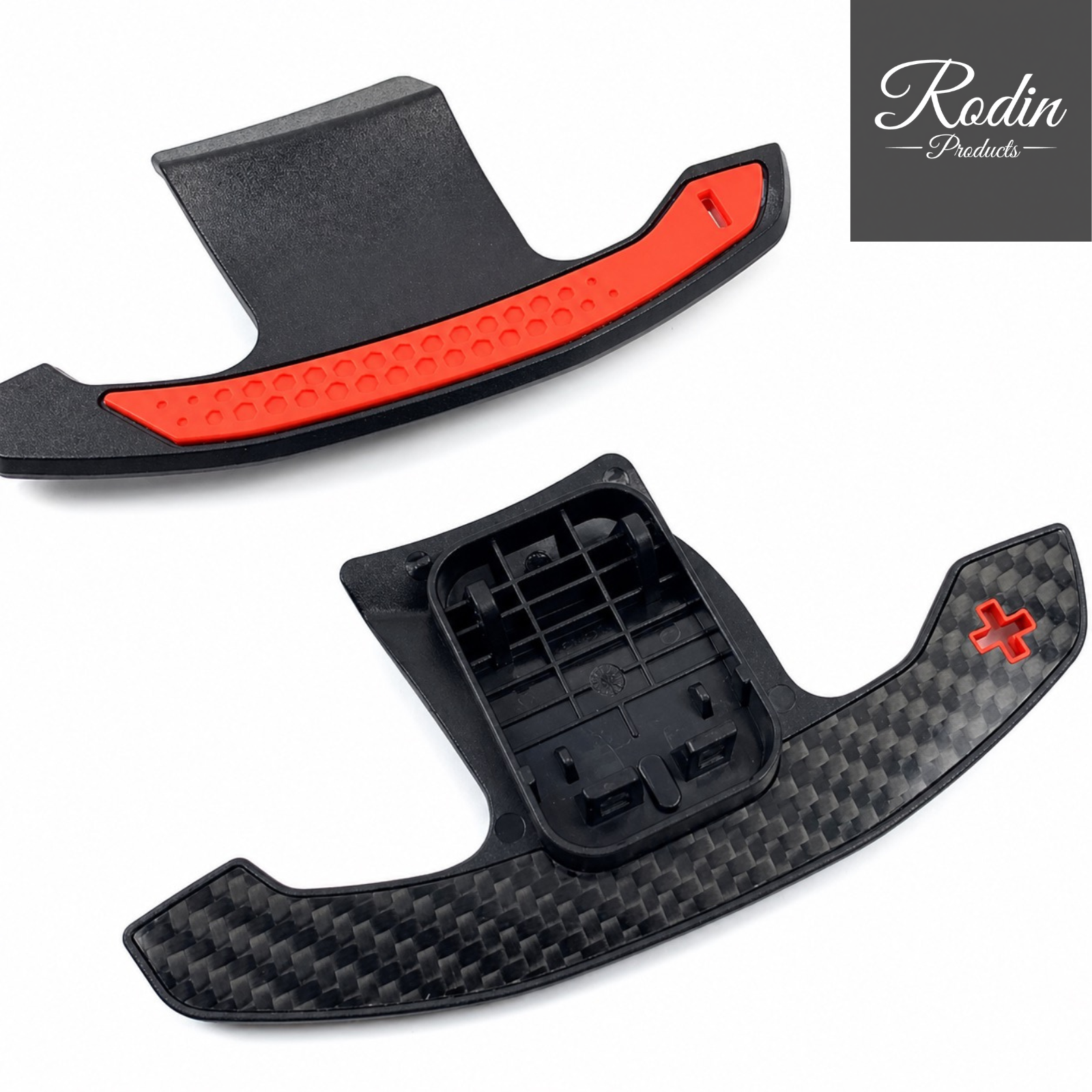 BMW M Performance Schaltwippen Carbon Design | Rot Blau Neongelb – Frontansicht von Rodin Products